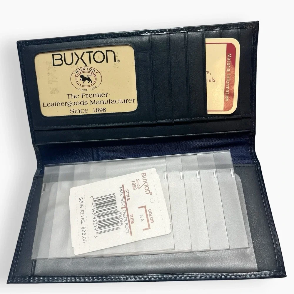 NEW 80s Buxton Black Leather Check Book Holder Organizer Wallet Credit Card